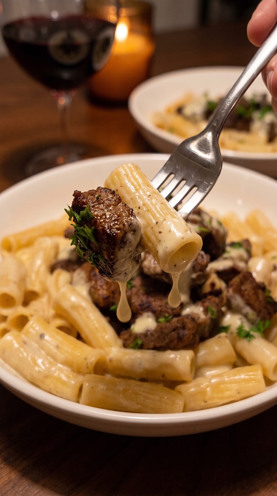 Garlic Steak Bites with Creamy Parmesan Pasta