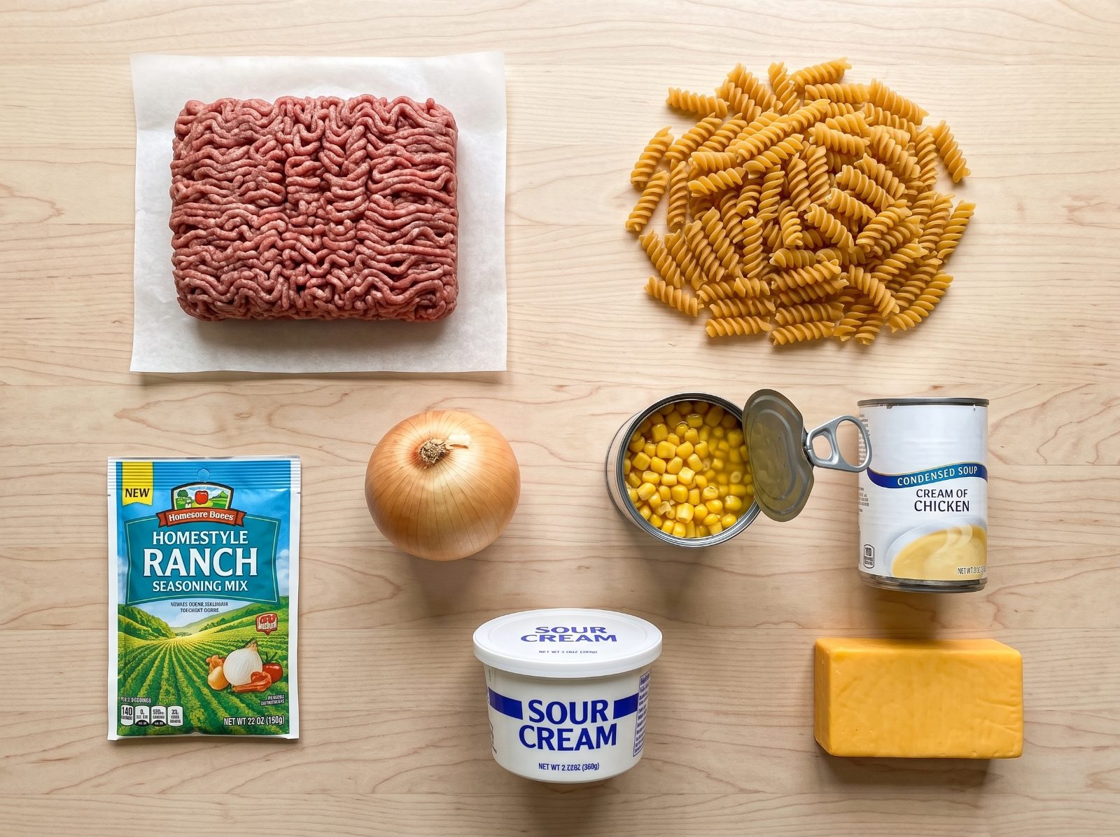 Loaded Cheddar Ranch Beef Pasta Bake ingredients