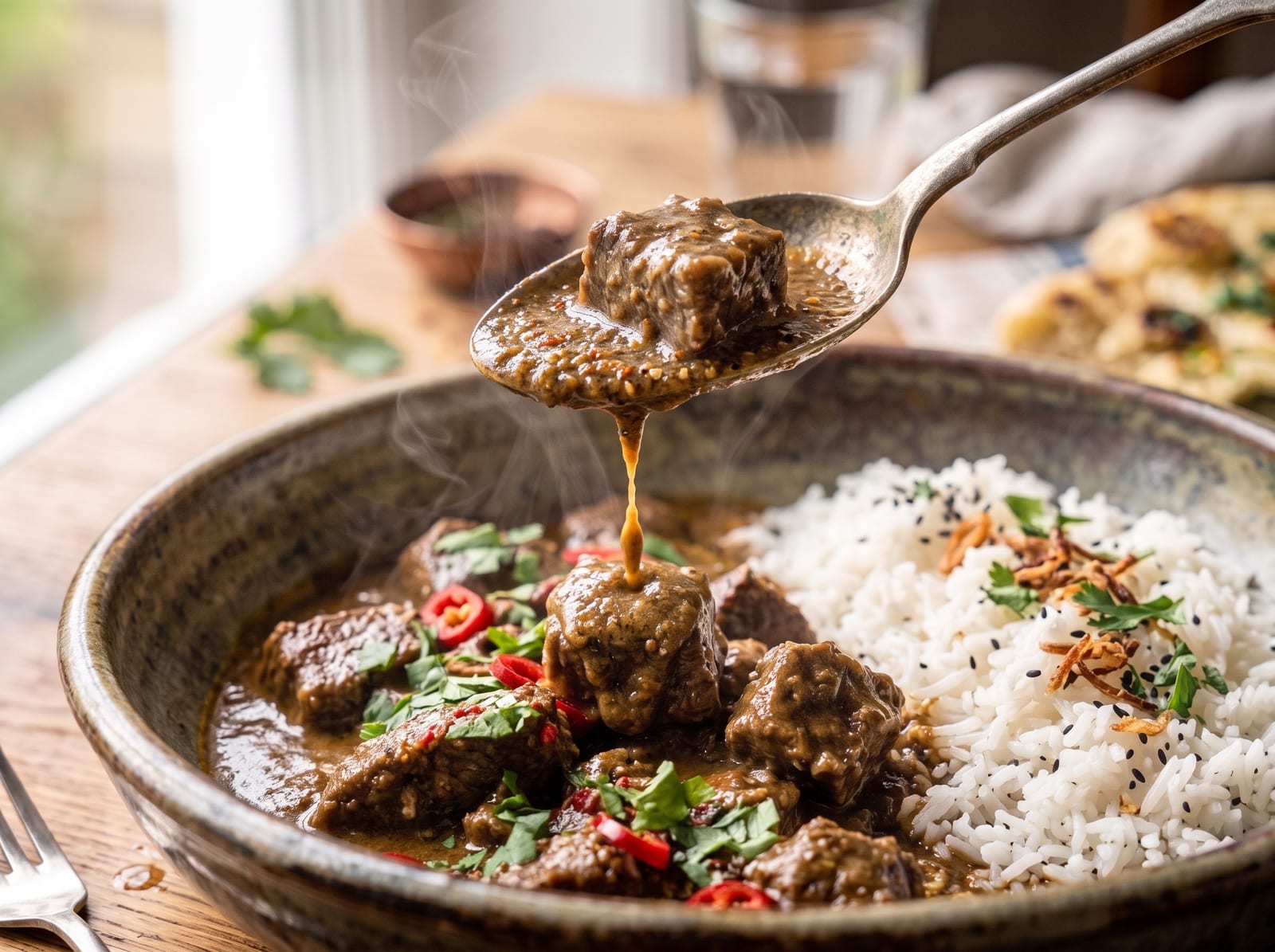 Fiery Coconut Beef Curry | Creamy Spicy Beef Curry with Rice & Garlic Naan